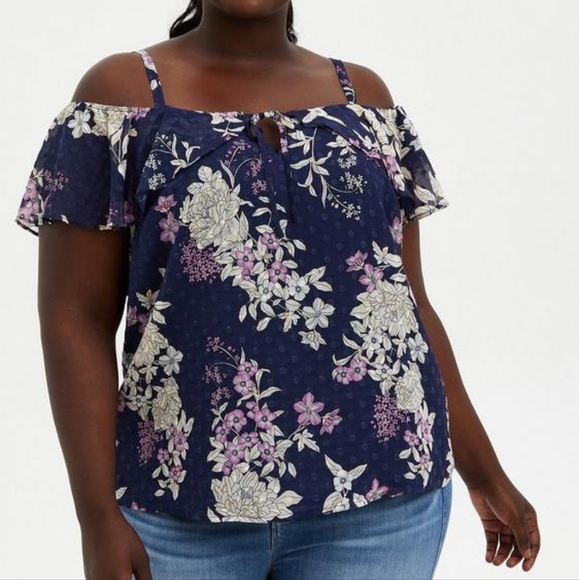 Torrid NWT size 2 2X clip dot Blue floral off shoulder top - Picture 2 of 6